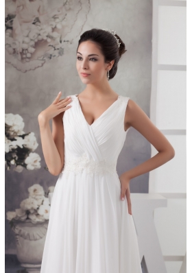 V-neck Ruched Ankle-length White Wedding Dress with Appliques