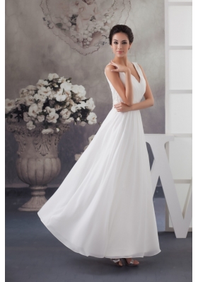 V-neck Ruched Ankle-length White Wedding Dress with Appliques