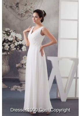 V-neck Ruched Ankle-length White Wedding Dress with Appliques