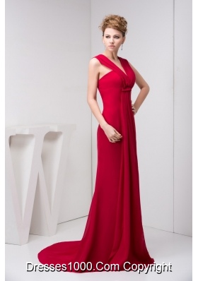 V-neck Ruched Brush Train Prom Evening Dress in Wine Red