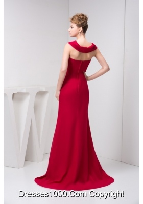 V-neck Ruched Brush Train Prom Evening Dress in Wine Red