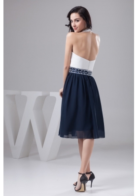 White and Navy Blue Halter Prom Cocktail Dress with Beading