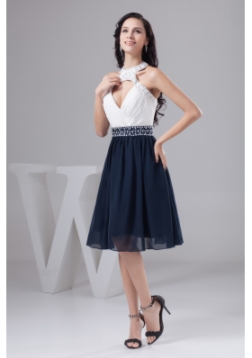 White and Navy Blue Halter Prom Cocktail Dress with Beading