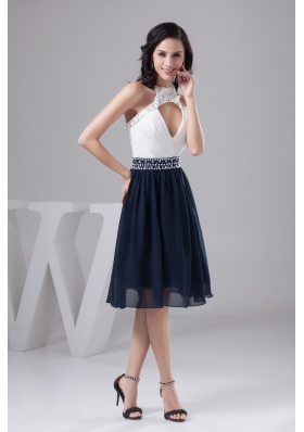 White and Navy Blue Halter Prom Cocktail Dress with Beading