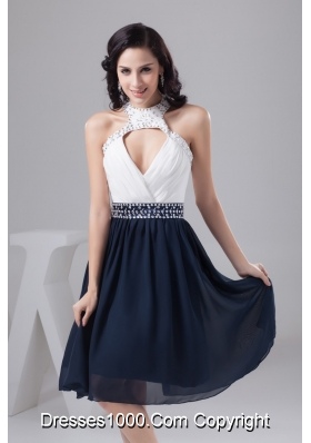 White and Navy Blue Halter Prom Cocktail Dress with Beading