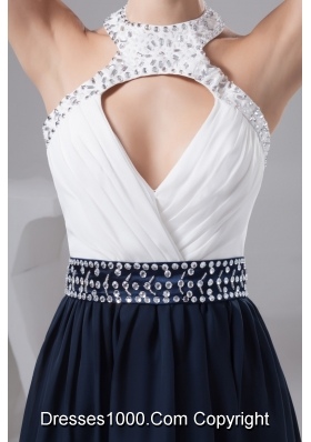 White and Navy Blue Halter Prom Cocktail Dress with Beading