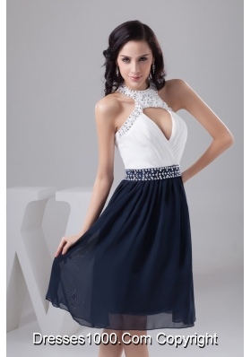 White and Navy Blue Halter Prom Cocktail Dress with Beading