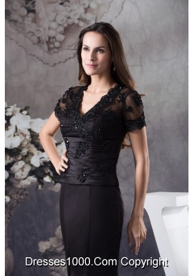 Appliqued Black Prom Celebrity Dress with Short Sleeves and Cutout