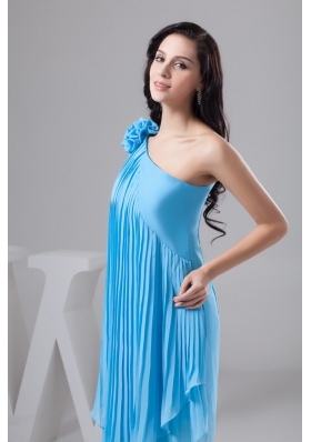 Asymmetrical Aqua Blue Chiffon Prom Dress with Pleats and Flower