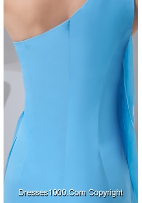 Asymmetrical Aqua Blue Chiffon Prom Dress with Pleats and Flower