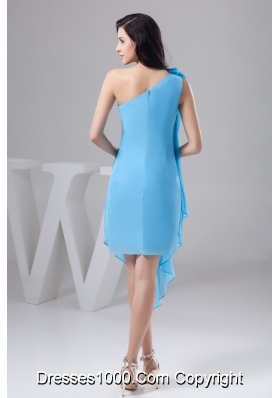 Asymmetrical Aqua Blue Chiffon Prom Dress with Pleats and Flower