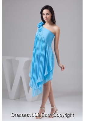 Asymmetrical Aqua Blue Chiffon Prom Dress with Pleats and Flower