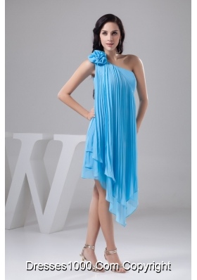 Asymmetrical Aqua Blue Chiffon Prom Dress with Pleats and Flower