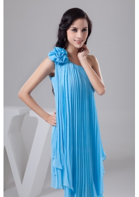 Asymmetrical Aqua Blue Chiffon Prom Dress with Pleats and Flower