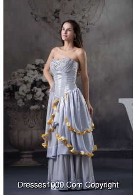 Beaded and Ruched Grey Prom Celebrity Dress with Ruffled Layers