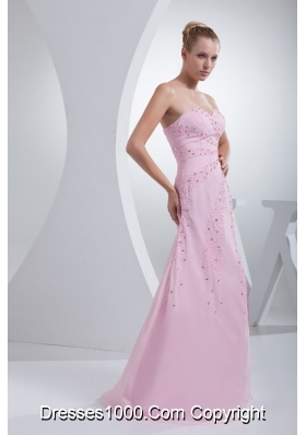 Beaded Pink Floor-length Prom Gown Dress with High Slit and Sweetheart