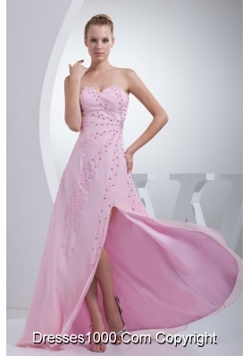 Beaded Pink Floor-length Prom Gown Dress with High Slit and Sweetheart