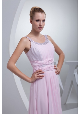 Beaded Scoop Neckline Floor-length Prom Evening Dress in Baby Pink