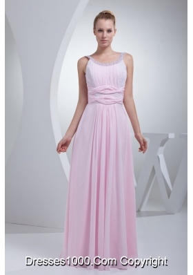 Beaded Scoop Neckline Floor-length Prom Evening Dress in Baby Pink