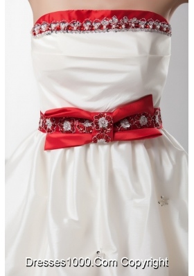 Beading and Pick-ups Accent White Mini Wedding Dresses with Red Bowknot