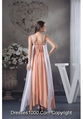 Beading Straps Asymmetrical Prom Dress with Ruching and White Ruffles