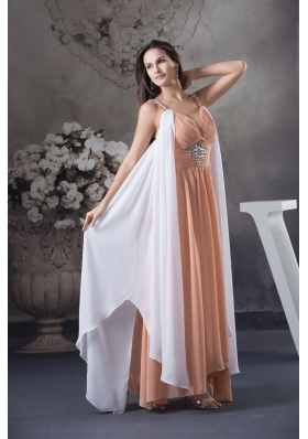 Beading Straps Asymmetrical Prom Dress with Ruching and White Ruffles
