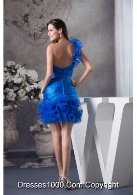 Blue Column One Shoulder Prom Dress with Ruching and Organza Layers