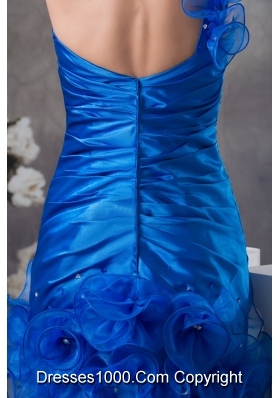 Blue Column One Shoulder Prom Dress with Ruching and Organza Layers