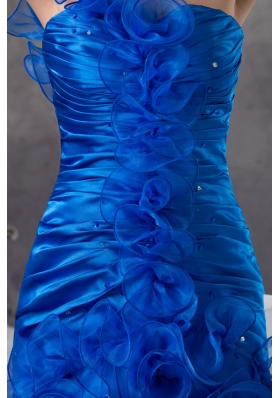 Blue Column One Shoulder Prom Dress with Ruching and Organza Layers