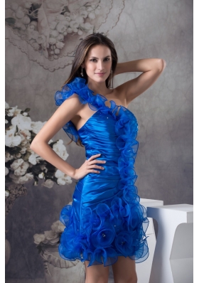 Blue Column One Shoulder Prom Dress with Ruching and Organza Layers