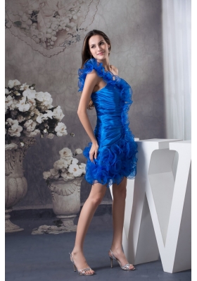 Blue Column One Shoulder Prom Dress with Ruching and Organza Layers