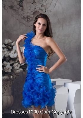 Blue Column One Shoulder Prom Dress with Ruching and Organza Layers