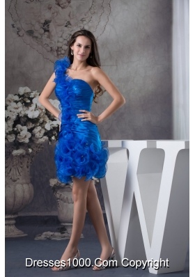 Blue Column One Shoulder Prom Dress with Ruching and Organza Layers