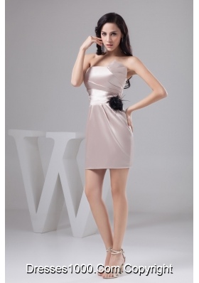 Champagne Mini-length Prom Gown Dress with Ruches and Flower