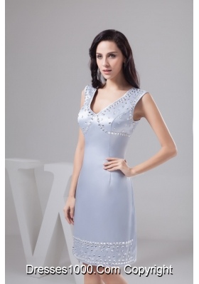 Cheap Silver V-neck Knee-length Prom Dresses with Beading