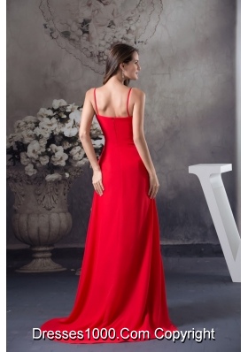 Column Sweep Train Red Prom Dress with Beading for Party