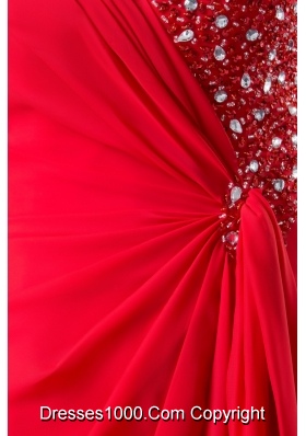 Column Sweep Train Red Prom Dress with Beading for Party