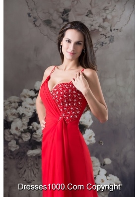 Column Sweep Train Red Prom Dress with Beading for Party