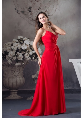 Column Sweep Train Red Prom Dress with Beading for Party