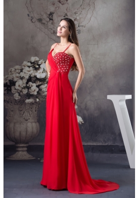 Column Sweep Train Red Prom Dress with Beading for Party