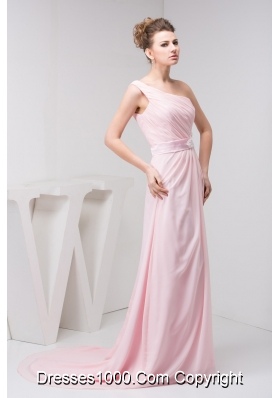 Court Train One Shoulder Baby Pink Chiffon Prom Dress with Appliques