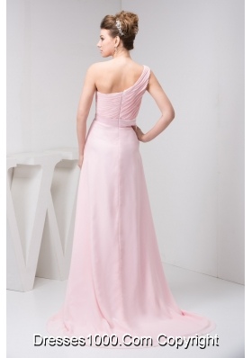 Court Train One Shoulder Baby Pink Chiffon Prom Dress with Appliques