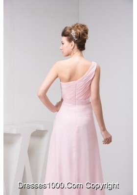 Court Train One Shoulder Baby Pink Chiffon Prom Dress with Appliques