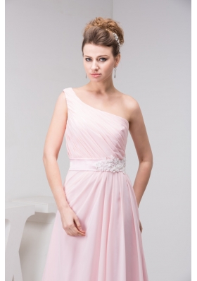 Court Train One Shoulder Baby Pink Chiffon Prom Dress with Appliques