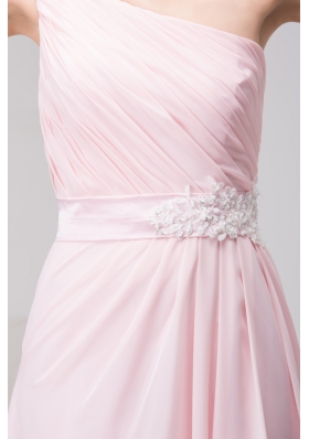 Court Train One Shoulder Baby Pink Chiffon Prom Dress with Appliques