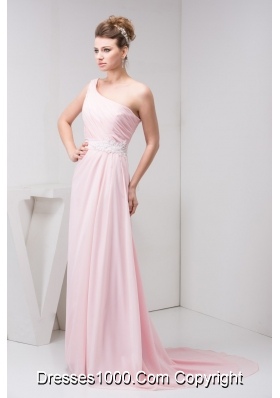 Court Train One Shoulder Baby Pink Chiffon Prom Dress with Appliques