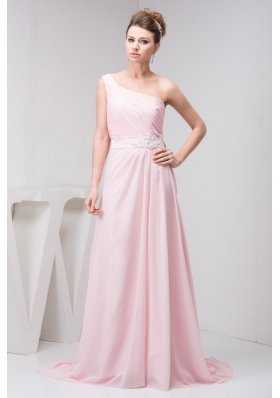 Court Train One Shoulder Baby Pink Chiffon Prom Dress with Appliques