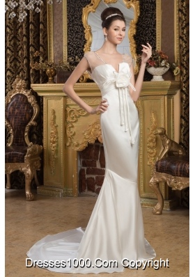 Cream Colored V-neck Mermaid Brush Train Wedding Dresses with Flowers