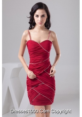 Dark Red Spaghetti Straps Ruched Beaded Prom Dress Mini-length