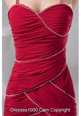 Dark Red Spaghetti Straps Ruched Beaded Prom Dress Mini-length